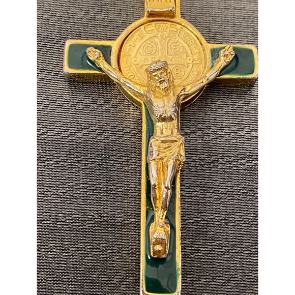 Gold tone St. Benedict Crucifix Pendant Necklace on Heavy Gold tone box chain. - Picture 12 of 16